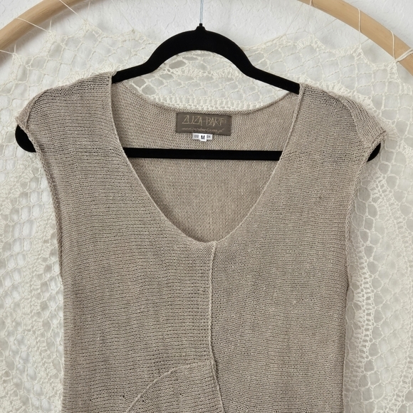 Zuza Bart 100% Linen Tan Midi Sweater Dress Asymmetrical Lagenlook Sheer Boho M - Picture 4 of 10